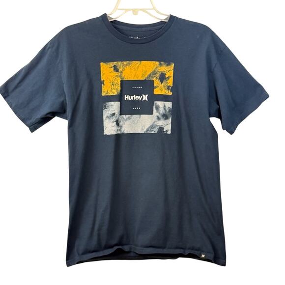 Hurley Other - Hurley Navy Graphic Print T Shirt Gold and Light Blue Print Logo
